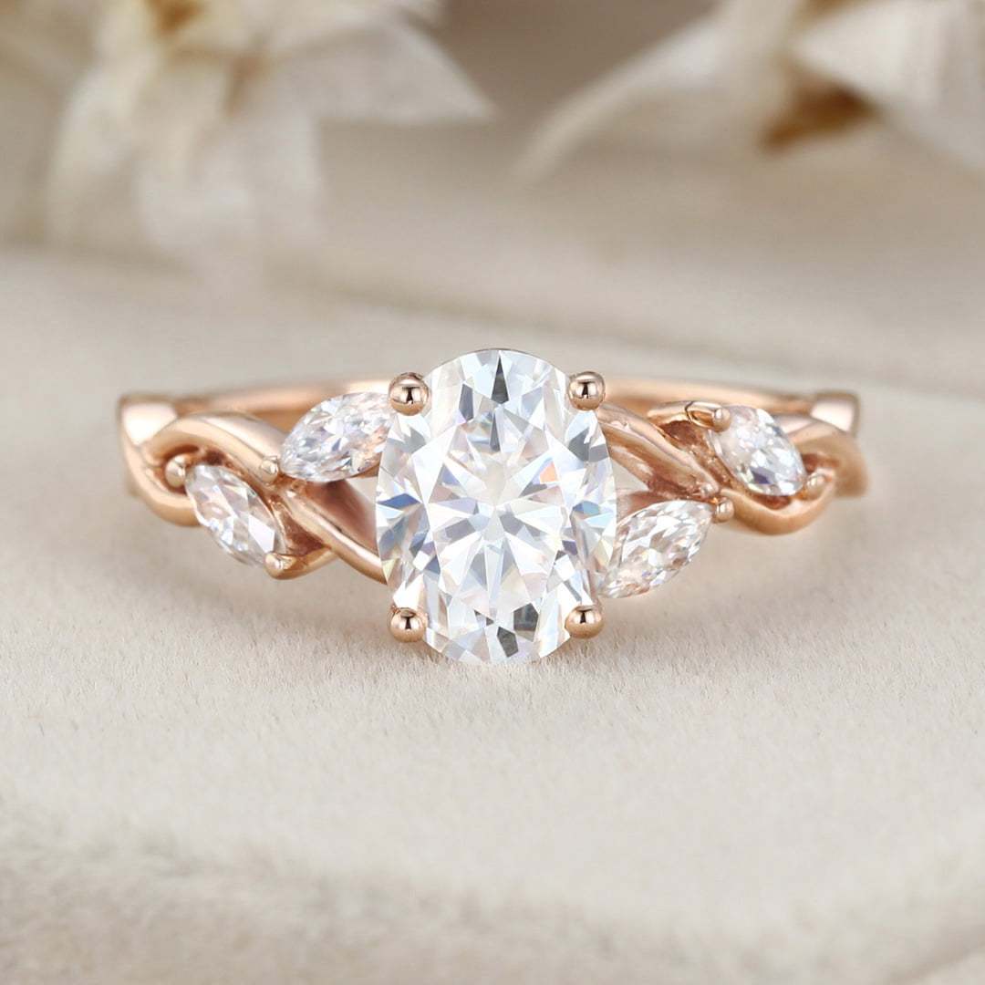 1.5 Carat Oval Moissanite Engagement Ring Marquise Cluster In 14K Rose Gold