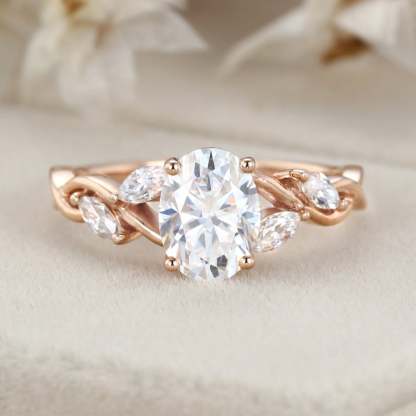 1.5 Carat Oval Moissanite Engagement Ring Marquise Cluster In 14K Rose Gold