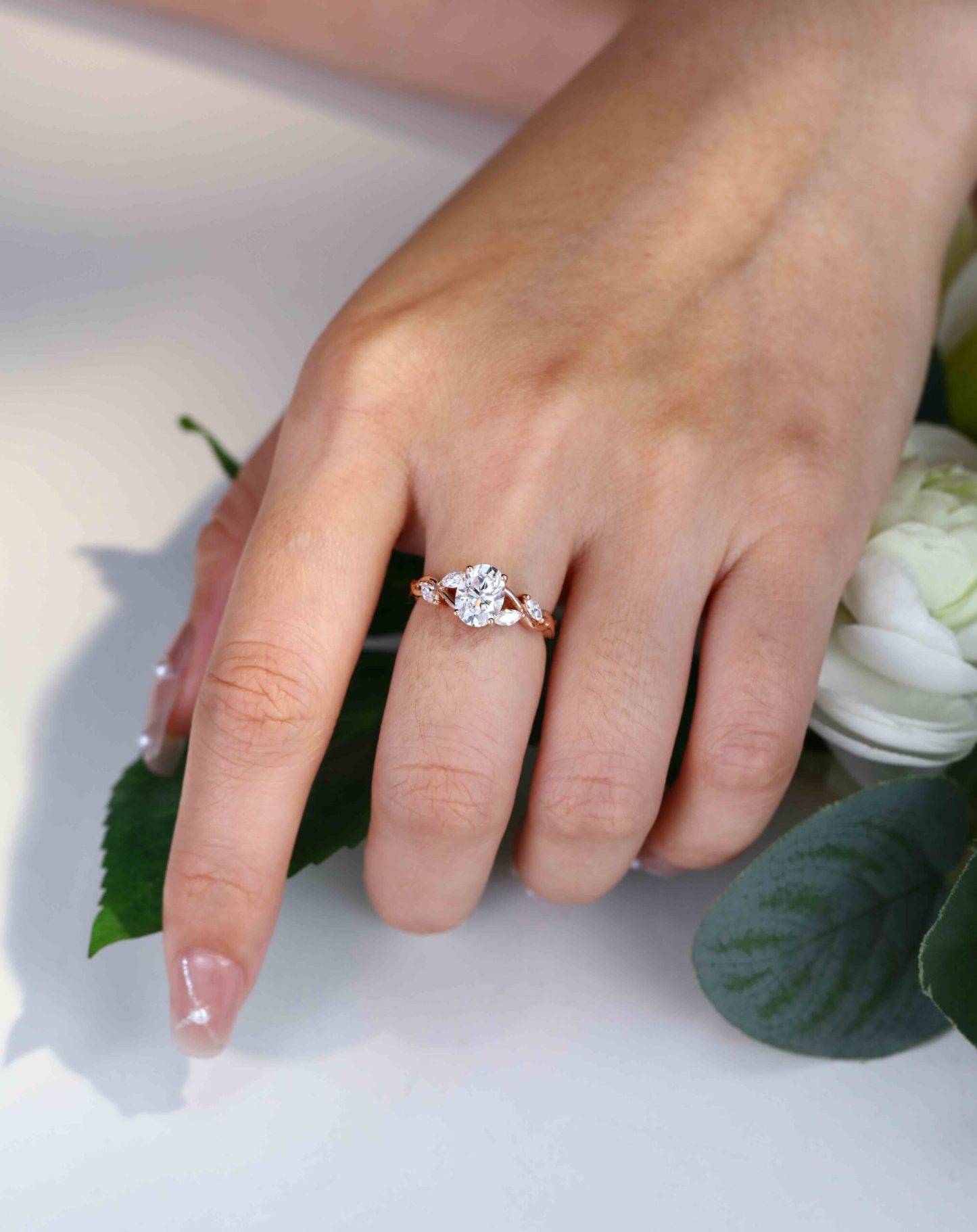 1.5 Carat Oval Moissanite Engagement Ring Marquise Cluster In 14K Rose Gold