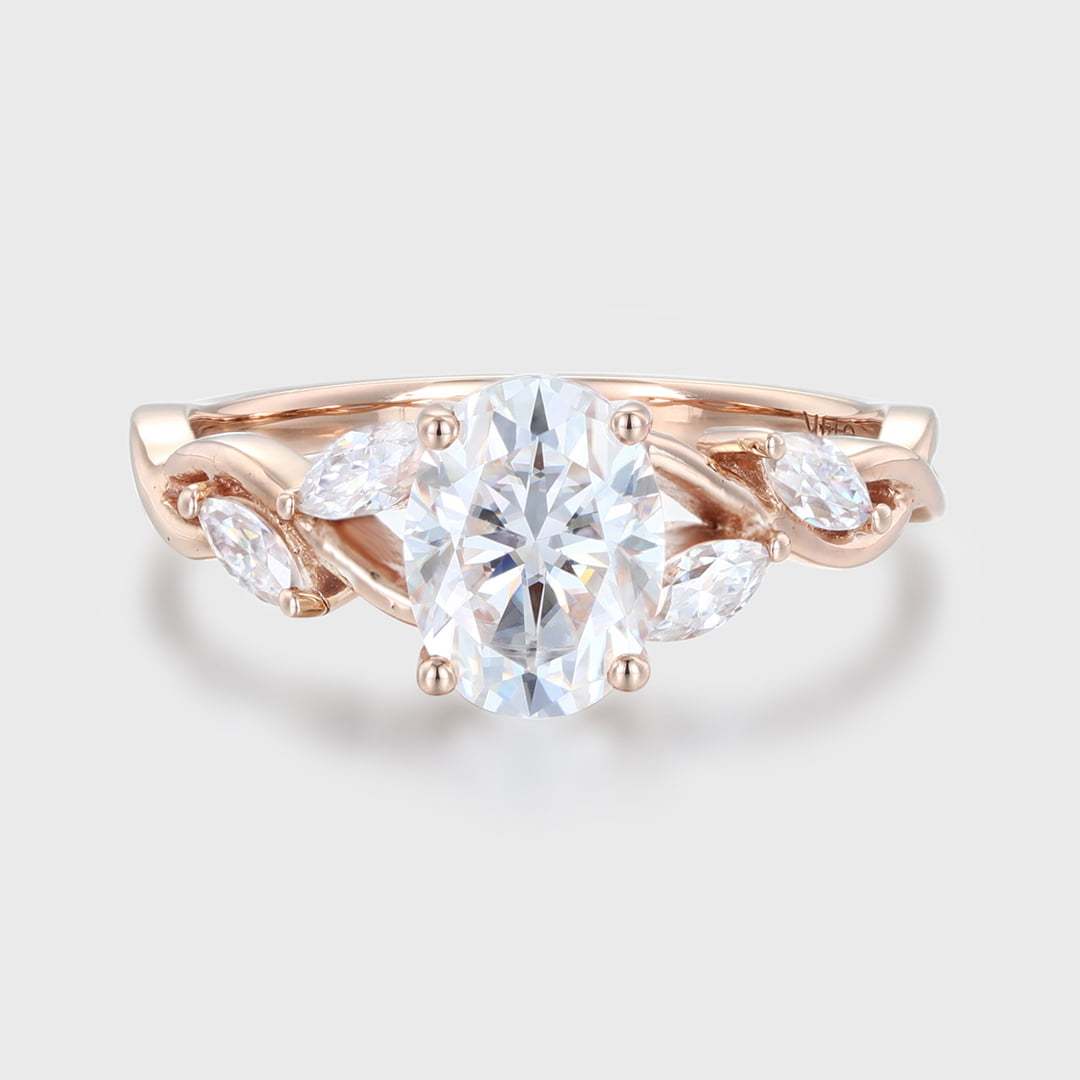 1.5CT Oval Moissanite Engagement Ring Marquise Cluster In 14K Rose gold