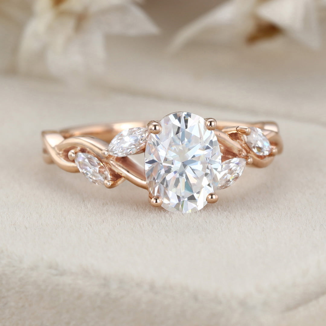 1.5 Carat Oval Moissanite Engagement Ring Marquise Cluster In 14K Rose Gold