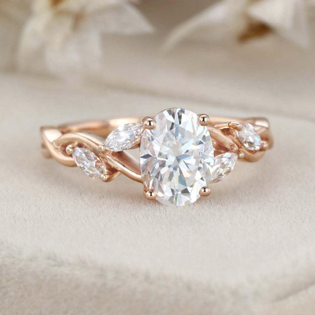 1.5 Carat Oval Moissanite Engagement Ring Marquise Cluster In 14K Rose Gold