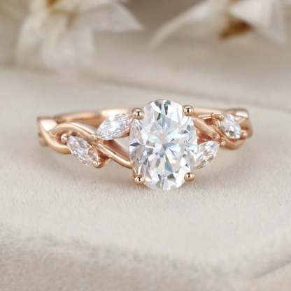 1.5 Carat Oval Moissanite Engagement Ring Marquise Cluster In 14K Rose Gold