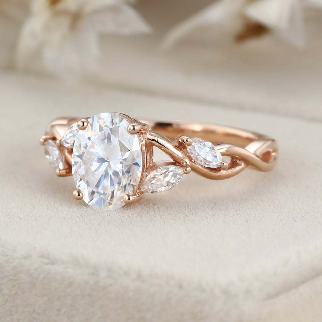 1.5 Carat Oval Moissanite Engagement Ring Marquise Cluster In 14K Rose Gold