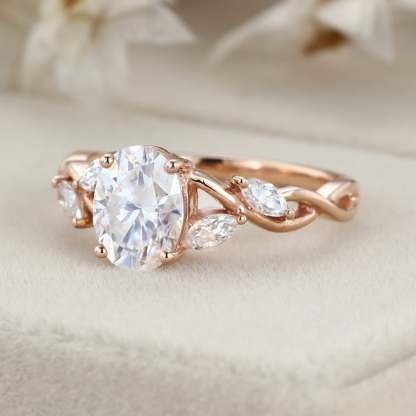 1.5 Carat Oval Moissanite Engagement Ring Marquise Cluster In 14K Rose Gold