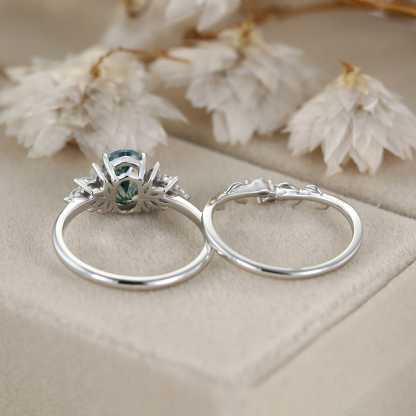 Vintage Oval Shape Moss Agate Engagement Ring Set 14K White Gold Cluster Marquise Diamond Wedding Bridal Promise Women Gift