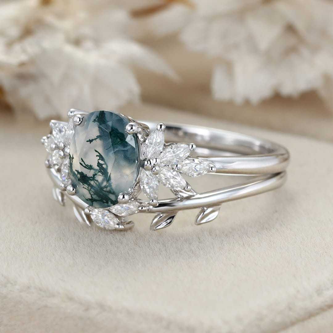 Vintage Oval Shape Moss Agate Engagement Ring Set 14K White Gold Cluster Marquise Diamond Wedding Bridal Promise Women Gift