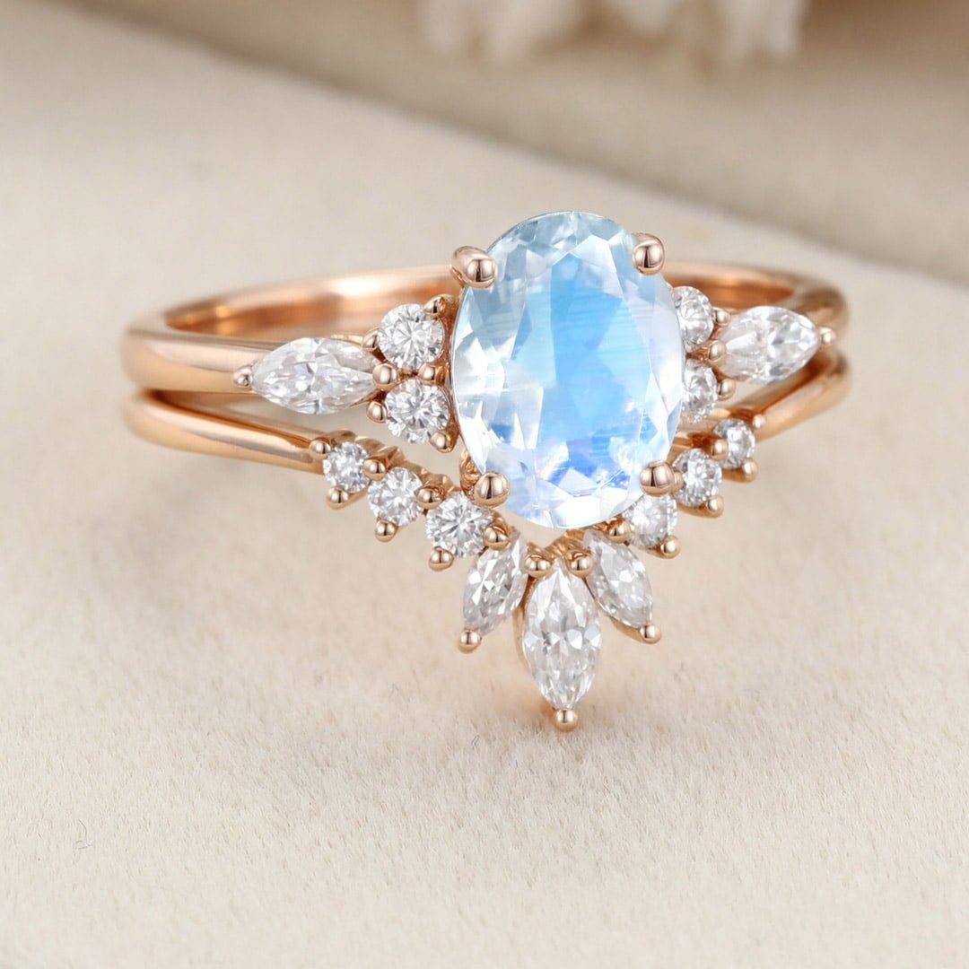 Vintage Oval Shaped Moonstone Engagement Ring Set Rose Gold Moissanite Marquise ring Art Deco Wedding Set Bridal Anniversary promise ring