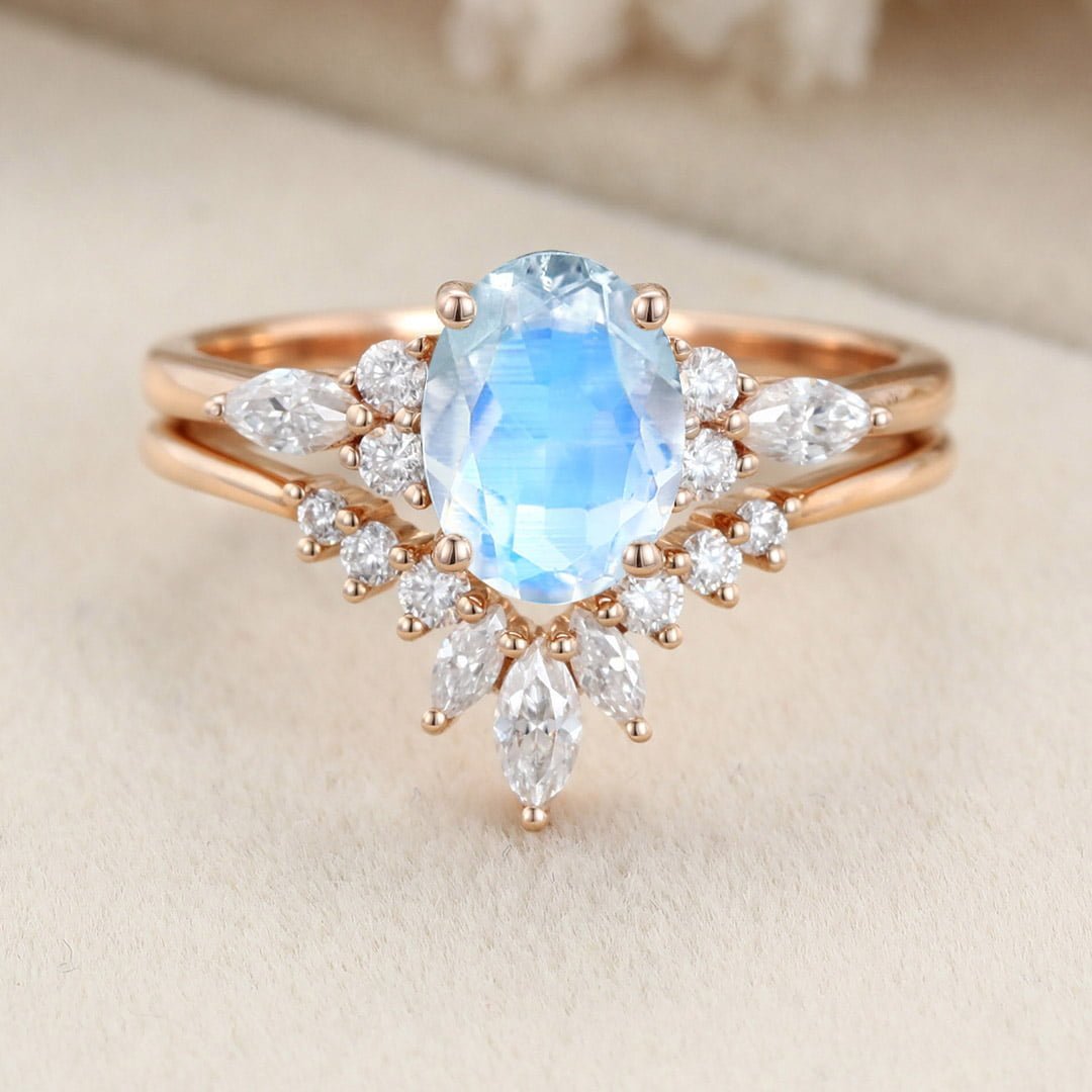 Vintage Oval Shaped Moonstone Engagement Ring Set Rose Gold Moissanite Marquise ring Art Deco Wedding Set Bridal Anniversary promise ring