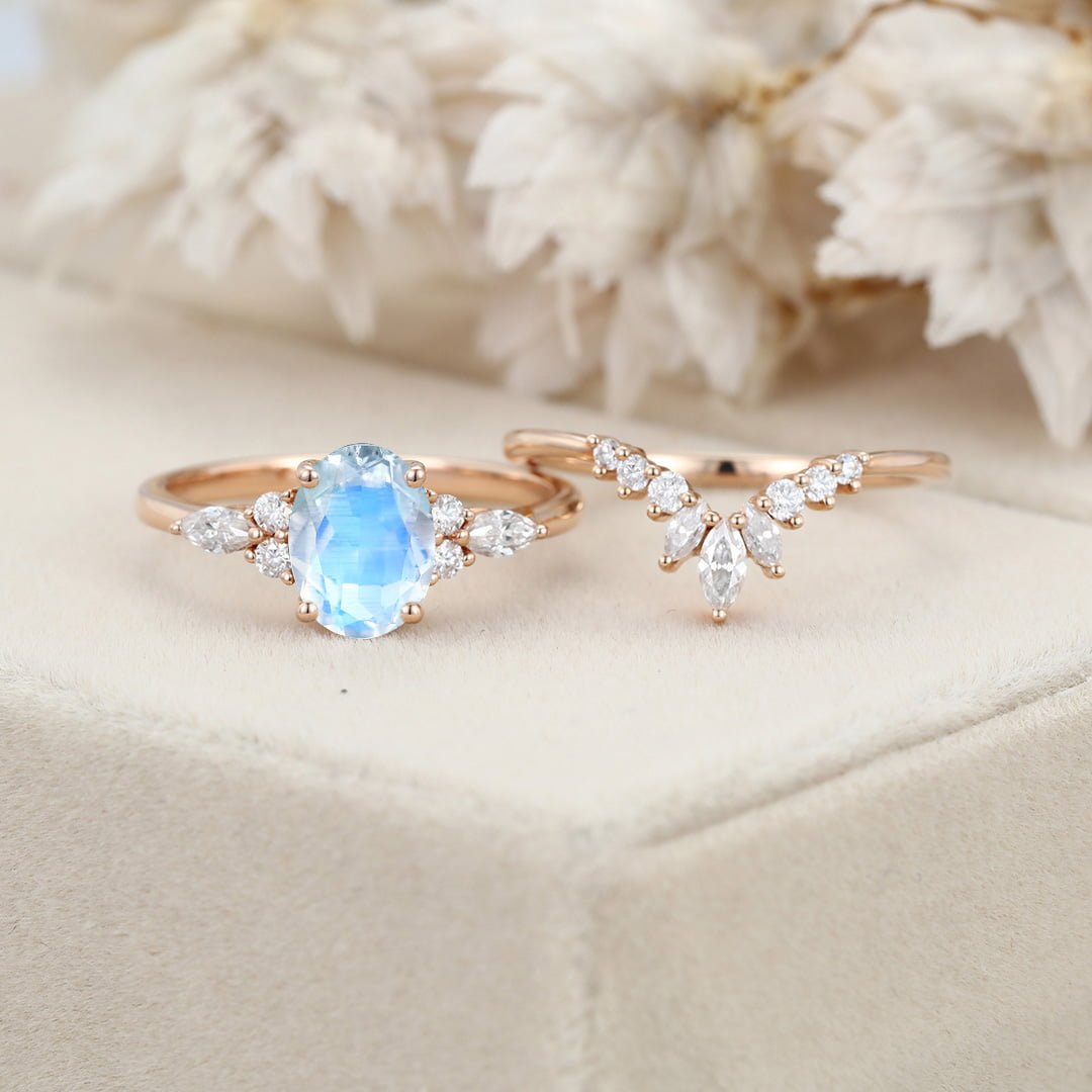 Vintage Oval Shaped Moonstone Engagement Ring Set Rose Gold Moissanite Marquise ring Art Deco Wedding Set Bridal Anniversary promise ring