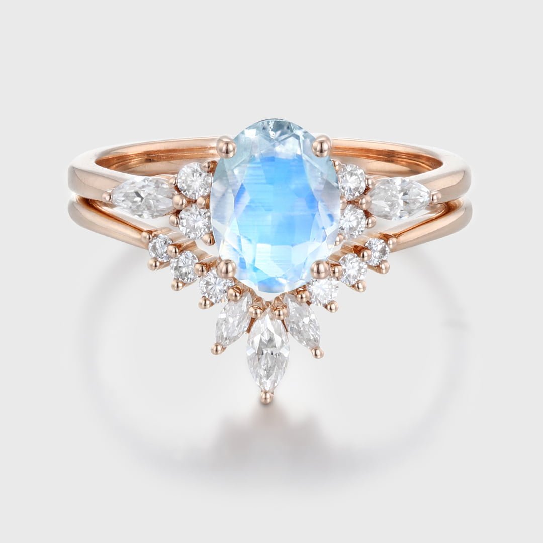 Vintage Oval Shaped Moonstone Engagement Ring Set Rose Gold Moissanite Marquise ring Art Deco Wedding Set Bridal Anniversary promise ring