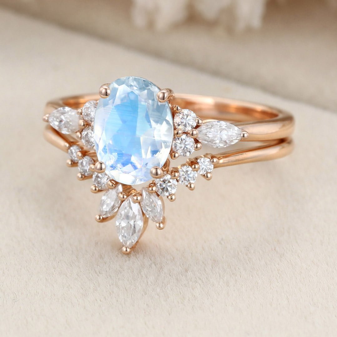 Vintage Oval Shaped Moonstone Engagement Ring Set Rose Gold Moissanite Marquise ring Art Deco Wedding Set Bridal Anniversary promise ring
