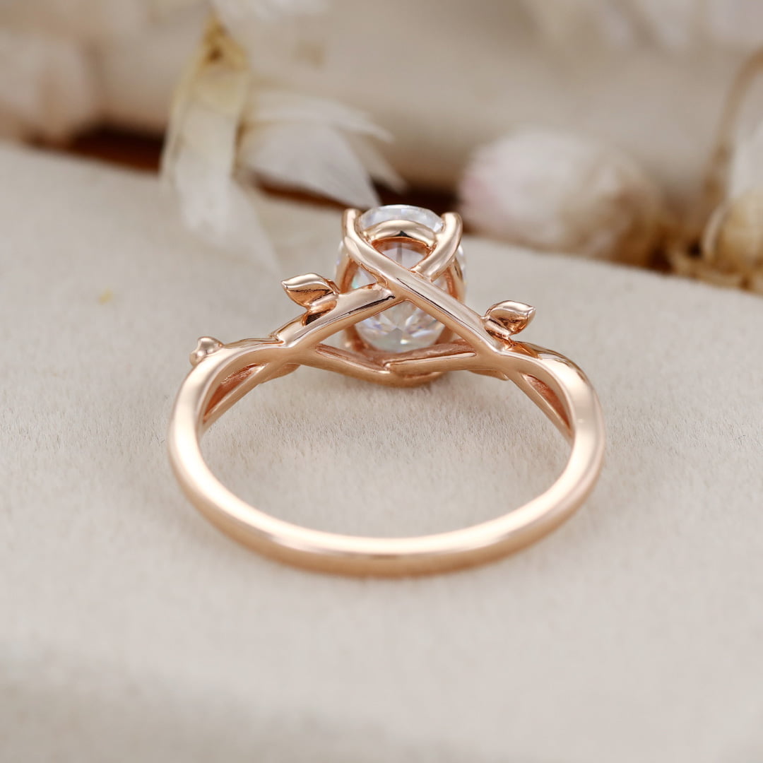 1.5 Carat Oval Moissanite Art Deco Leaf Engagement Ring In 14k Rose Gold