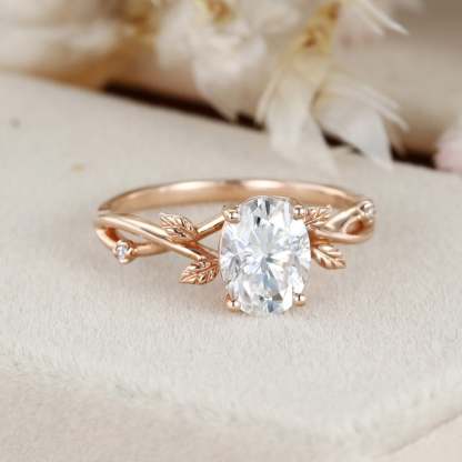 1.5 Carat Oval Moissanite Art Deco Leaf Engagement Ring In 14k Rose Gold