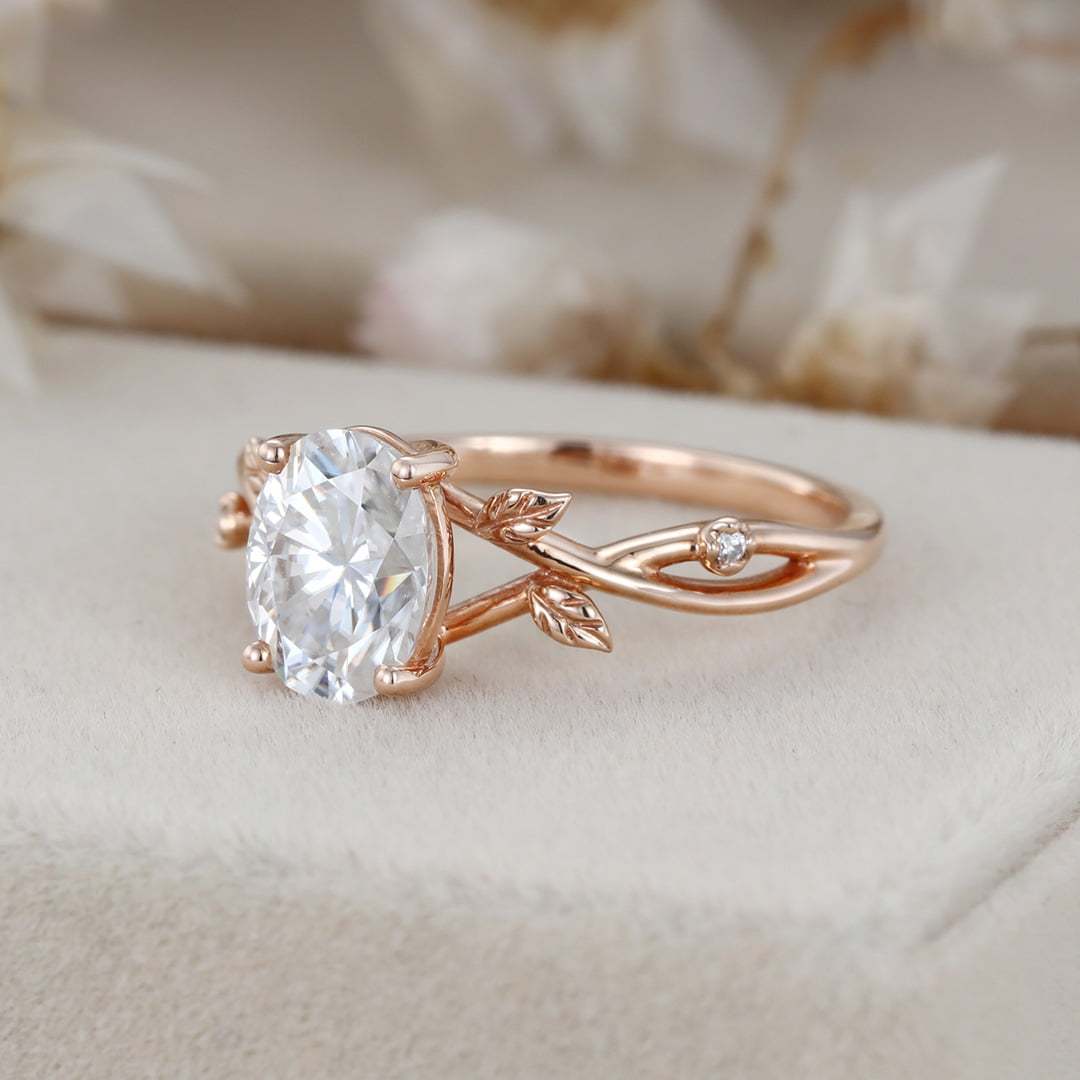 1.5 Carat Oval Moissanite Art Deco Leaf Engagement Ring In 14k Rose Gold