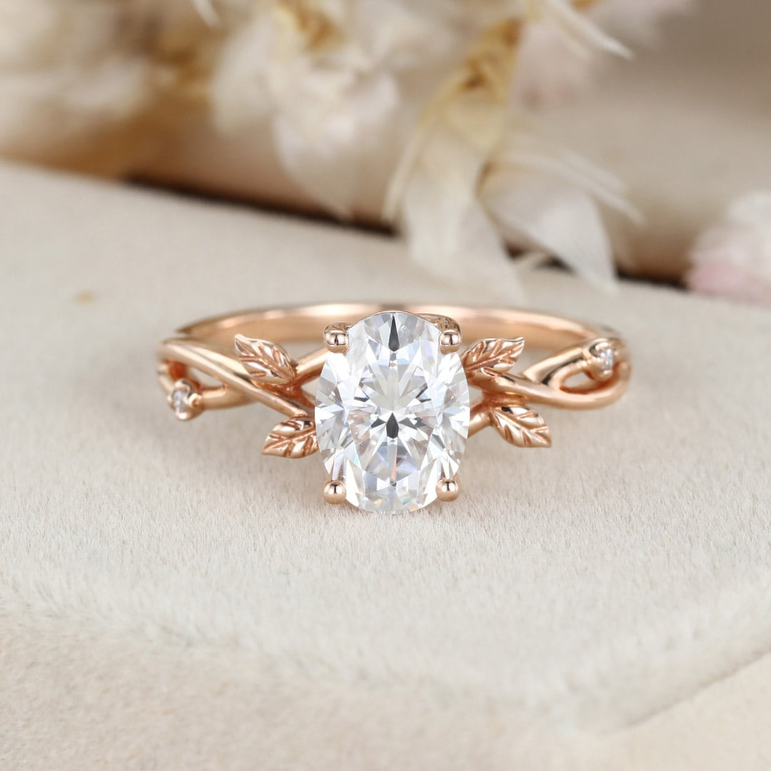 1.5 Carat Oval Moissanite Art Deco Leaf Engagement Ring In 14k Rose Gold