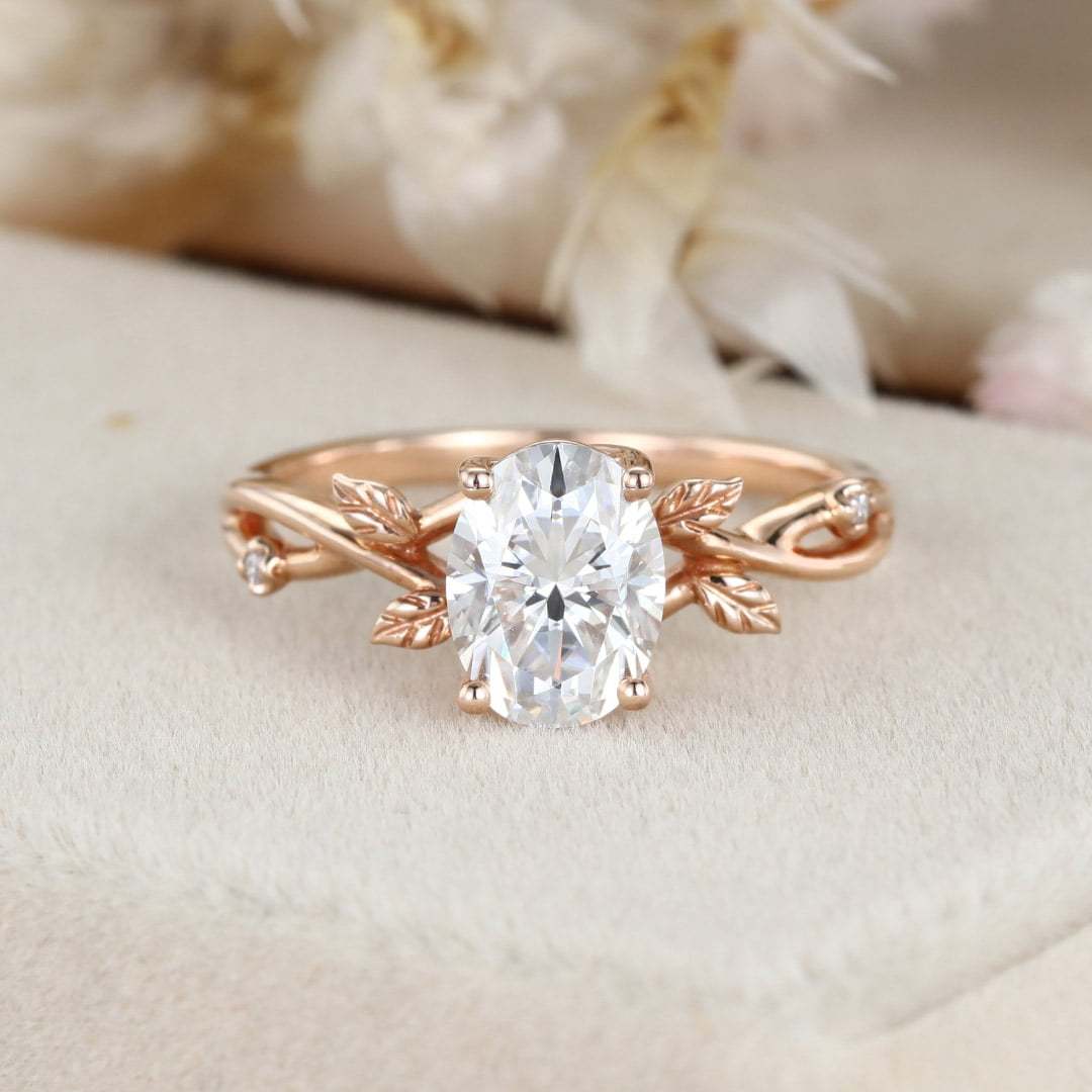 1.5 Carat Oval Moissanite Art Deco Leaf Engagement Ring In 14k Rose Gold