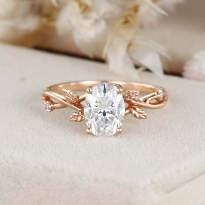 1.5 Carat Oval Moissanite Art Deco Leaf Engagement Ring In 14k Rose Gold