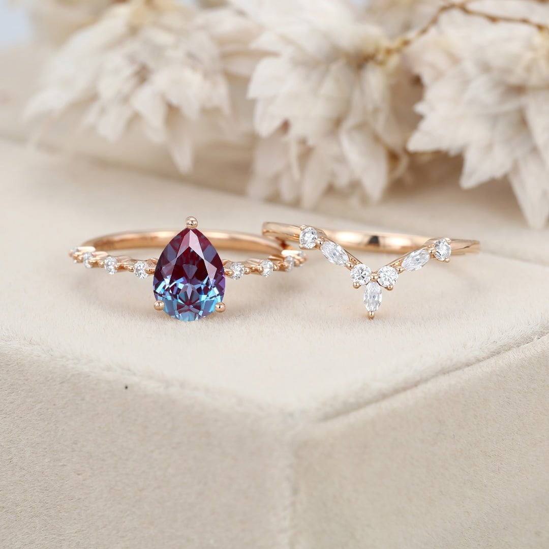 Vintage Pear Lab Alexandrite engagement ring set Rose gold moissanite engagement ring unique marquise cluster ring bridal promise Anniversary
