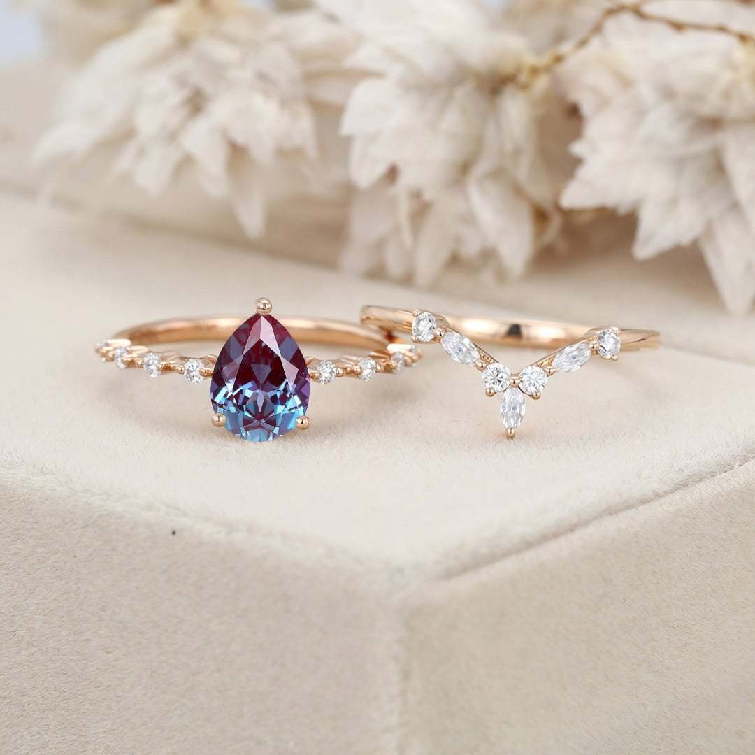 Vintage Pear Lab Alexandrite engagement ring set Rose gold moissanite engagement ring unique marquise cluster ring bridal promise Anniversary
