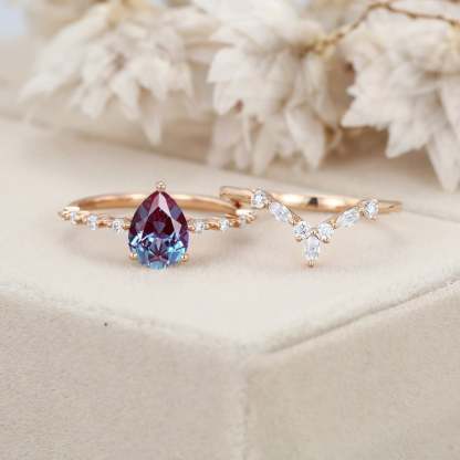 Vintage Pear Lab Alexandrite engagement ring set Rose gold moissanite engagement ring unique marquise cluster ring bridal promise Anniversary
