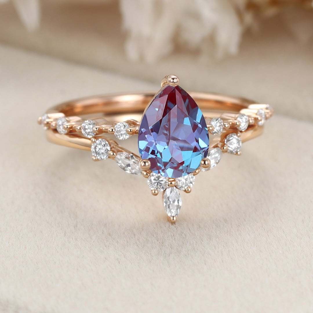 Vintage Pear Lab Alexandrite engagement ring set Rose gold moissanite engagement ring unique marquise cluster ring bridal promise Anniversary