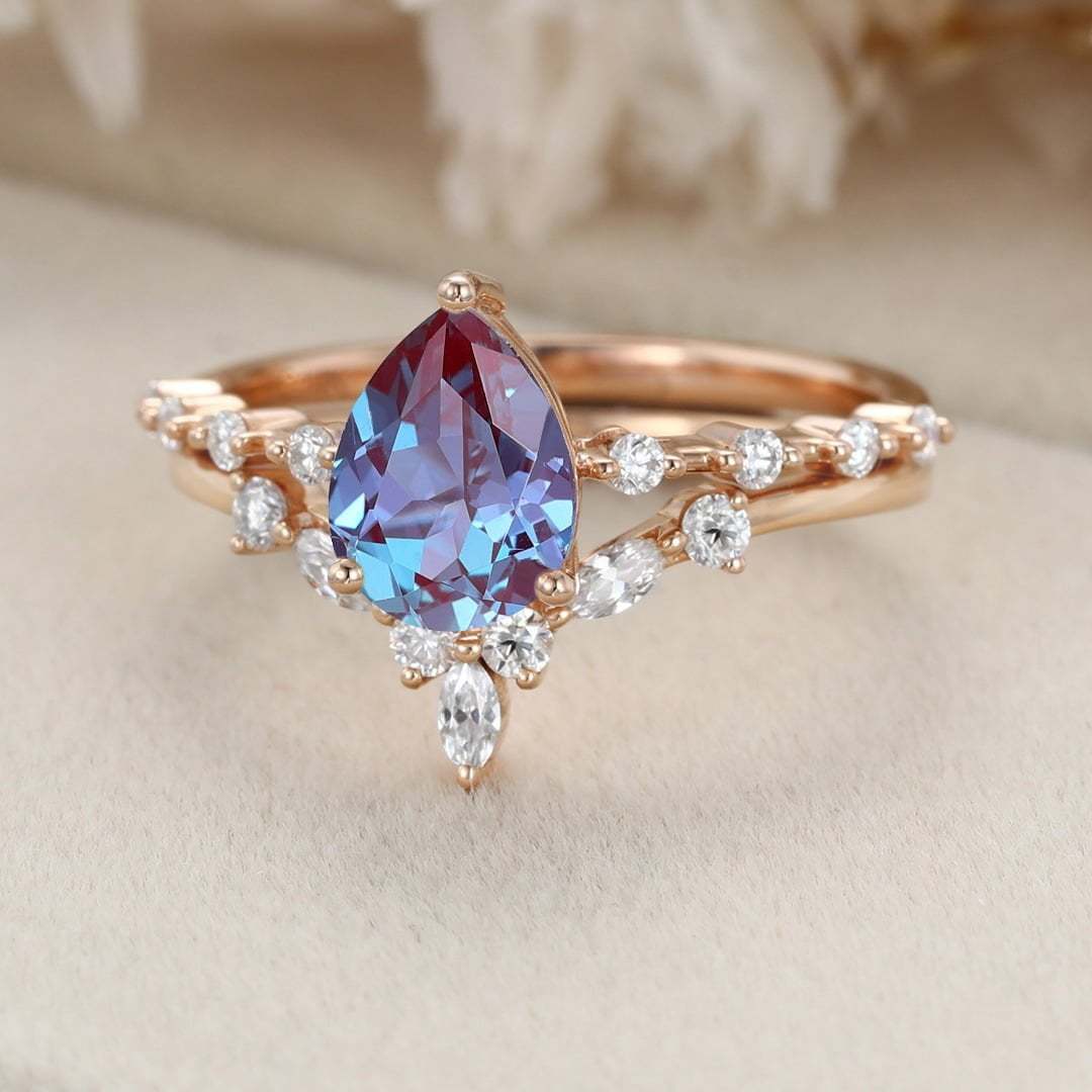 Vintage Pear Lab Alexandrite engagement ring set Rose gold moissanite engagement ring unique marquise cluster ring bridal promise Anniversary
