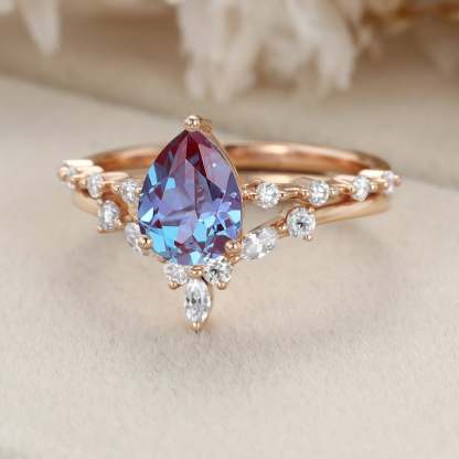 Vintage Pear Lab Alexandrite engagement ring set Rose gold moissanite engagement ring unique marquise cluster ring bridal promise Anniversary