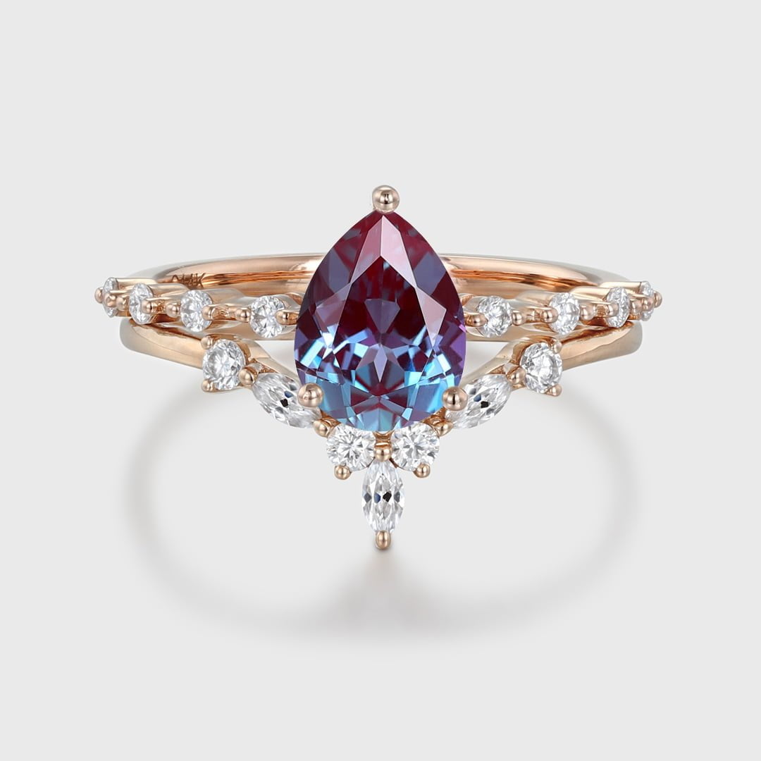 Vintage Pear Lab Alexandrite engagement ring set Rose gold moissanite engagement ring unique marquise cluster ring bridal promise Anniversary
