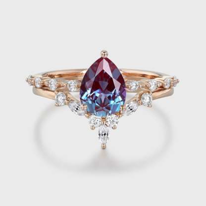 Vintage Pear Lab Alexandrite engagement ring set Rose gold moissanite engagement ring unique marquise cluster ring bridal promise Anniversary