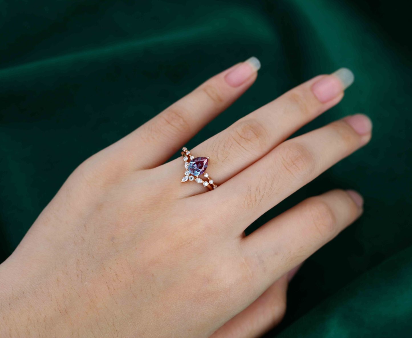 Vintage Pear Lab Alexandrite engagement ring set Rose gold moissanite engagement ring unique marquise cluster ring bridal promise Anniversary