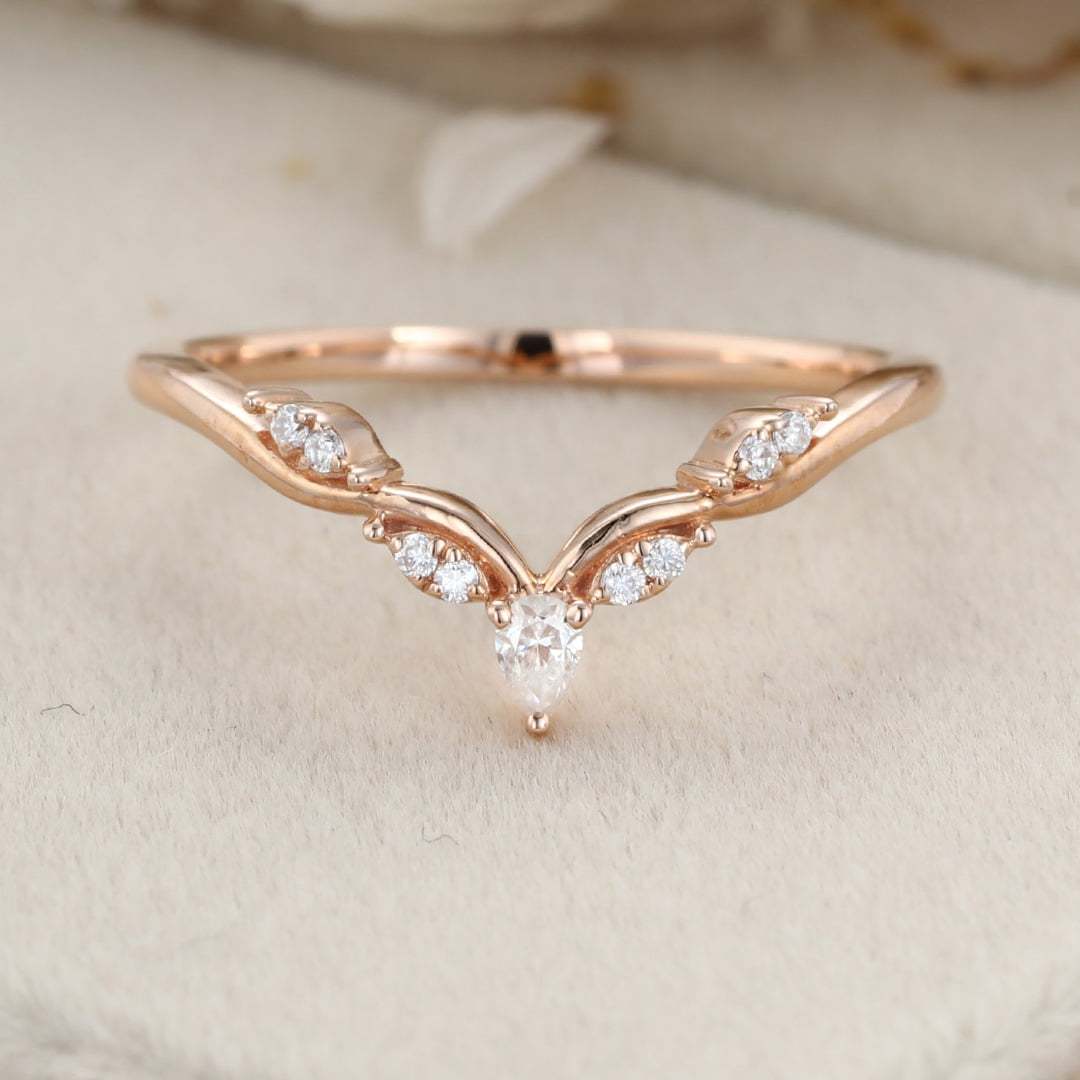 Vintage Pear cut moissanite wedding band, Unique rose gold Curved diamond wedding band women, stacking matching ring bridal Anniversary gift