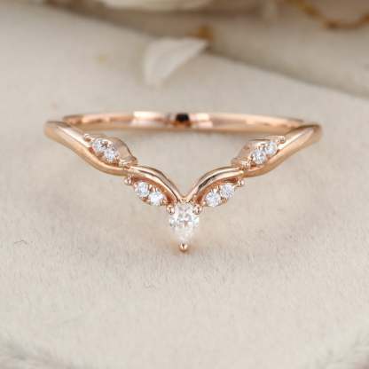 Vintage Pear cut moissanite wedding band, Unique rose gold Curved diamond wedding band women, stacking matching ring bridal Anniversary gift