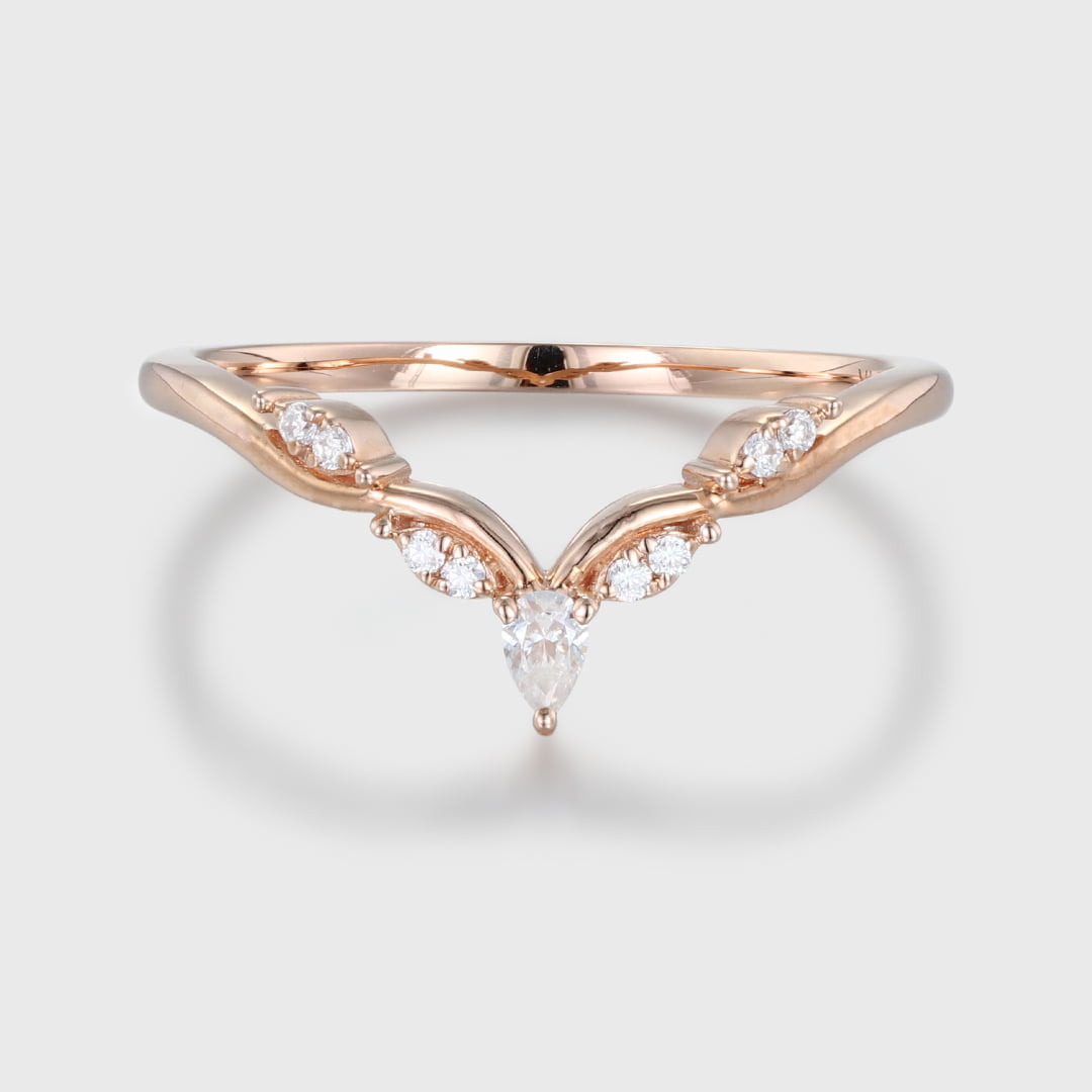 Vintage Pear cut moissanite wedding band, Unique rose gold Curved diamond wedding band women, stacking matching ring bridal Anniversary gift