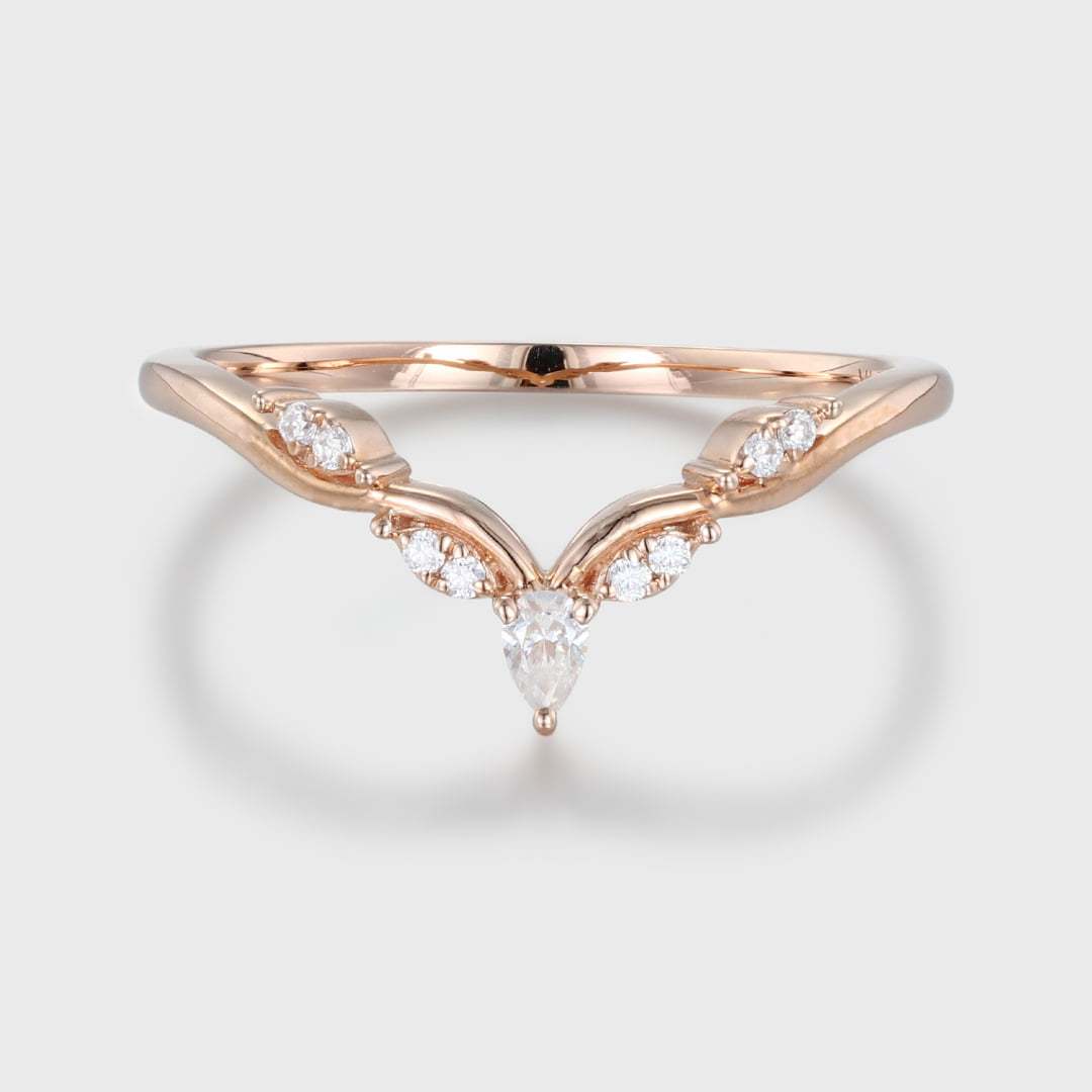 Vintage Pear cut moissanite wedding band, Unique rose gold Curved diamond wedding band women, stacking matching ring bridal Anniversary gift