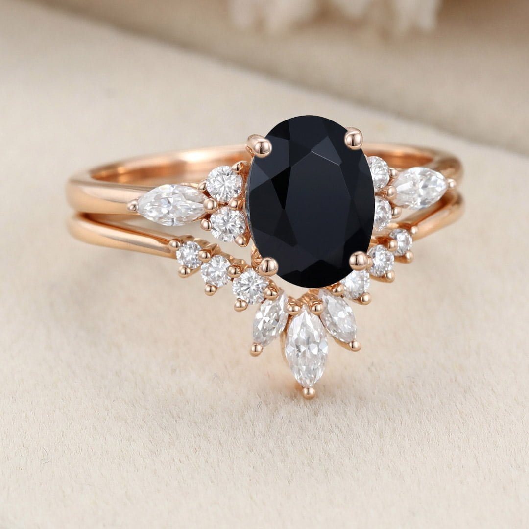 Vintage Rose Gold Moissanite Marquise ring Oval Shaped Black Onyx Engagement Ring Set Art Deco Wedding Set Bridal Anniversary promise ring