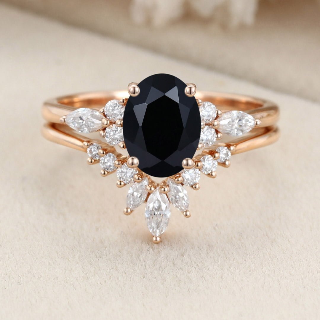 Vintage Rose Gold Moissanite Marquise ring Oval Shaped Black Onyx Engagement Ring Set Art Deco Wedding Set Bridal Anniversary promise ring
