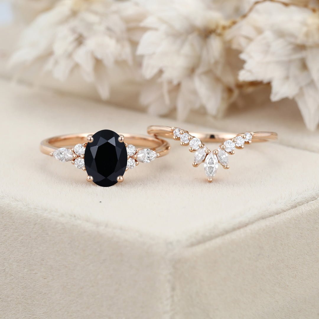 Vintage Rose Gold Moissanite Marquise ring Oval Shaped Black Onyx Engagement Ring Set Art Deco Wedding Set Bridal Anniversary promise ring