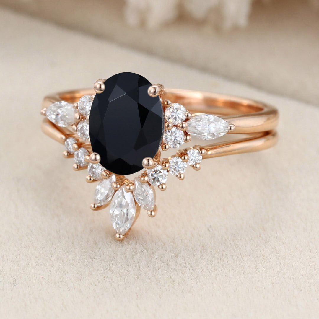 Vintage Rose Gold Moissanite Marquise ring Oval Shaped Black Onyx Engagement Ring Set Art Deco Wedding Set Bridal Anniversary promise ring
