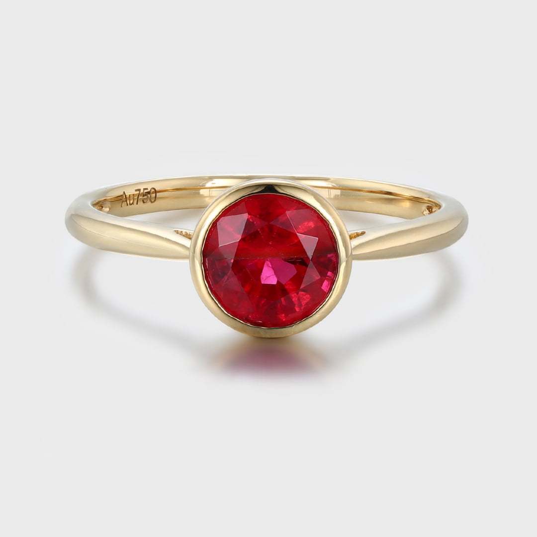 Art Deco 14K Solid Gold Vintage Round Cut Ruby Bezel Ring For Women