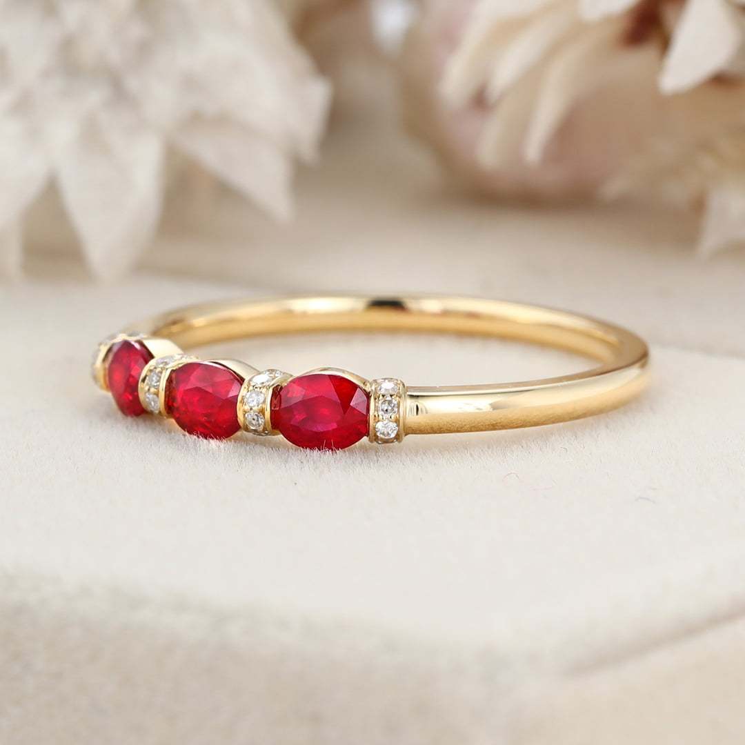 Vintage Ruby Wedding Band Oval cut yellow gold retro wedding ring Unique Stacking ring matching band Art Deco Anniversary band gift