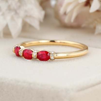 Vintage Ruby Wedding Band Oval cut yellow gold retro wedding ring Unique Stacking ring matching band Art Deco Anniversary band gift