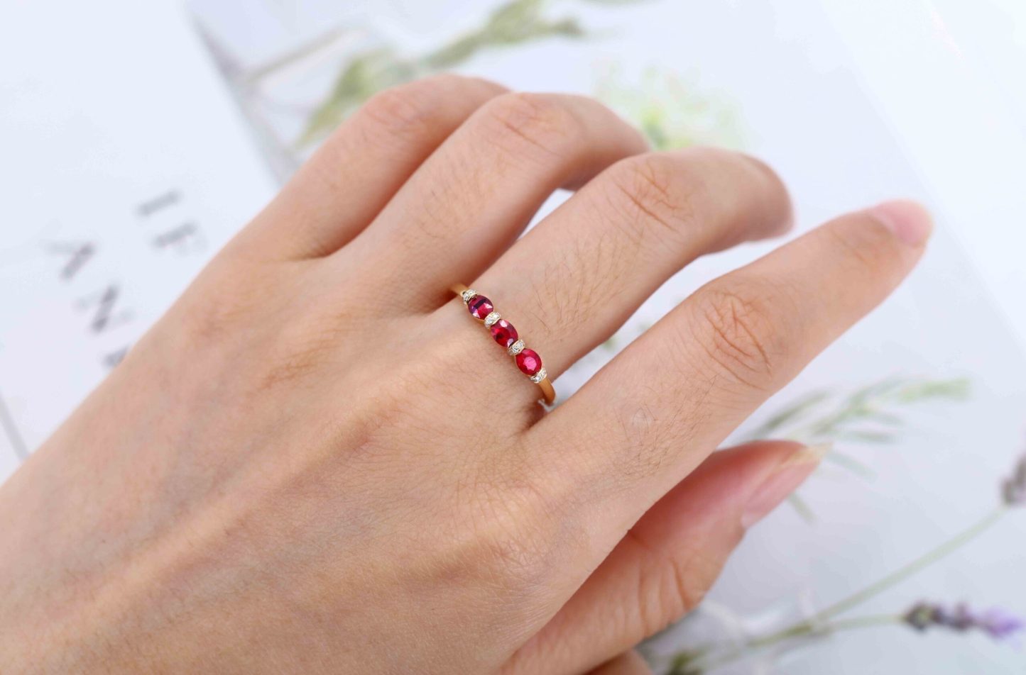 Vintage Ruby Wedding Band Oval cut yellow gold retro wedding ring Unique Stacking ring matching band Art Deco Anniversary band gift