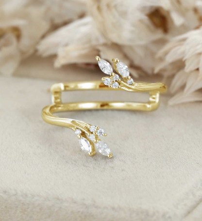 Vintage Women White Gold Moissanite Ring Unique 14K Solid Gold Curved Inspired Leaf Wedding Ring
