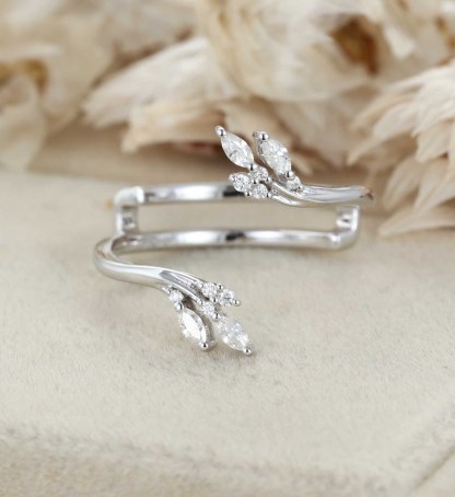 Vintage Women White Gold Moissanite Ring Unique 14K Solid Gold Curved Inspired Leaf Wedding Ring