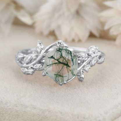 Vintage hexagon cut green moss engagement ring 14k rose gold nature inspired ring leaf diamond ring women anniversary ring gift