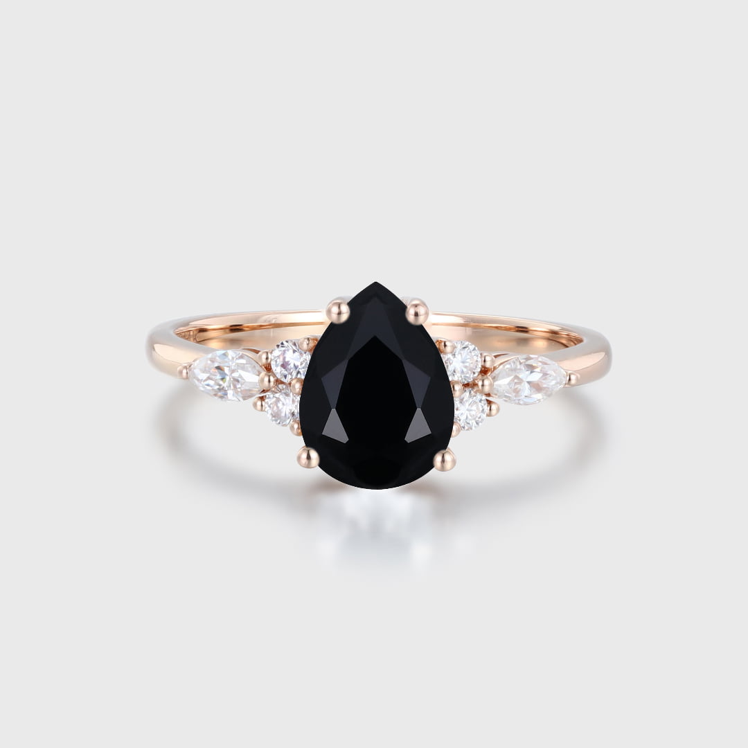 Vintage oval cut Black Onyx engagement ring Art deco rose gold marquise cut moissanite ring for women Unique wedding anniversary ring gift