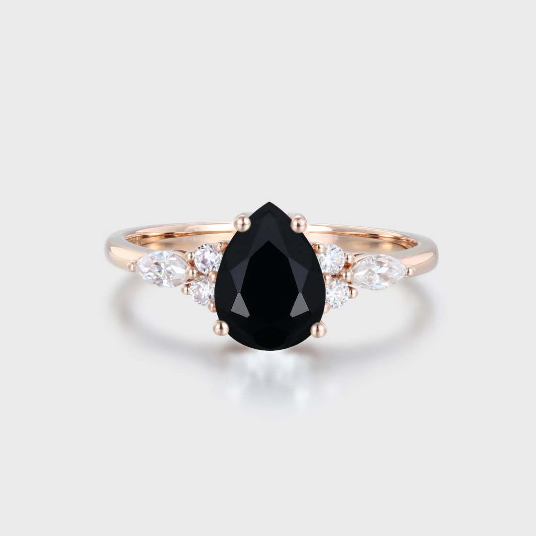 Vintage oval cut Black Onyx engagement ring Art deco rose gold marquise cut moissanite ring for women Unique wedding anniversary ring gift