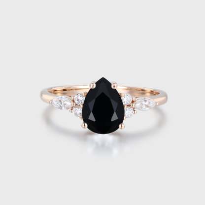 Vintage oval cut Black Onyx engagement ring Art deco rose gold marquise cut moissanite ring for women Unique wedding anniversary ring gift