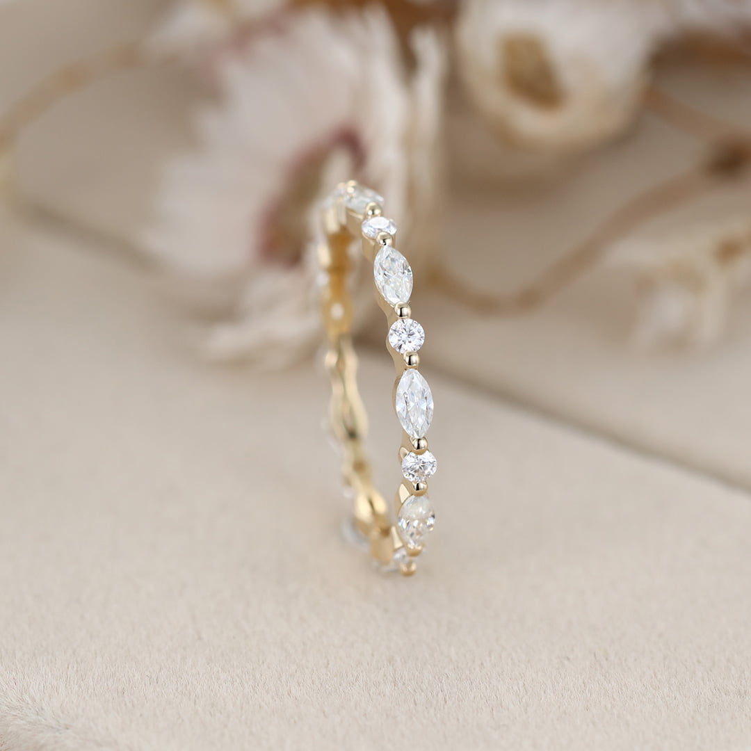 Wedding ring band women Moissanite wedding ring Yellow gold Marquise cut Diamond stacking matching Unique Full eternity Bridal Promise gift